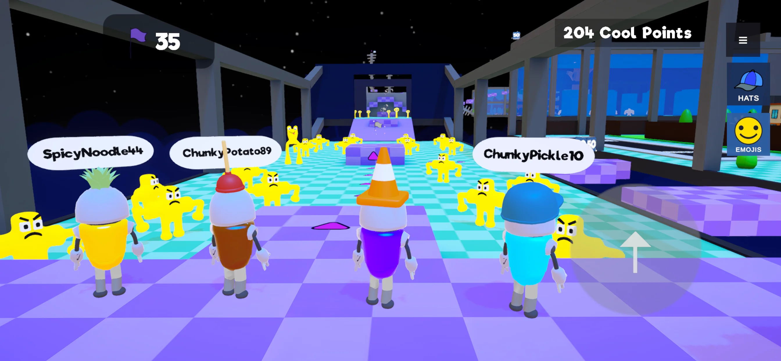 Friends exploring the colorful Dusk Town play zone